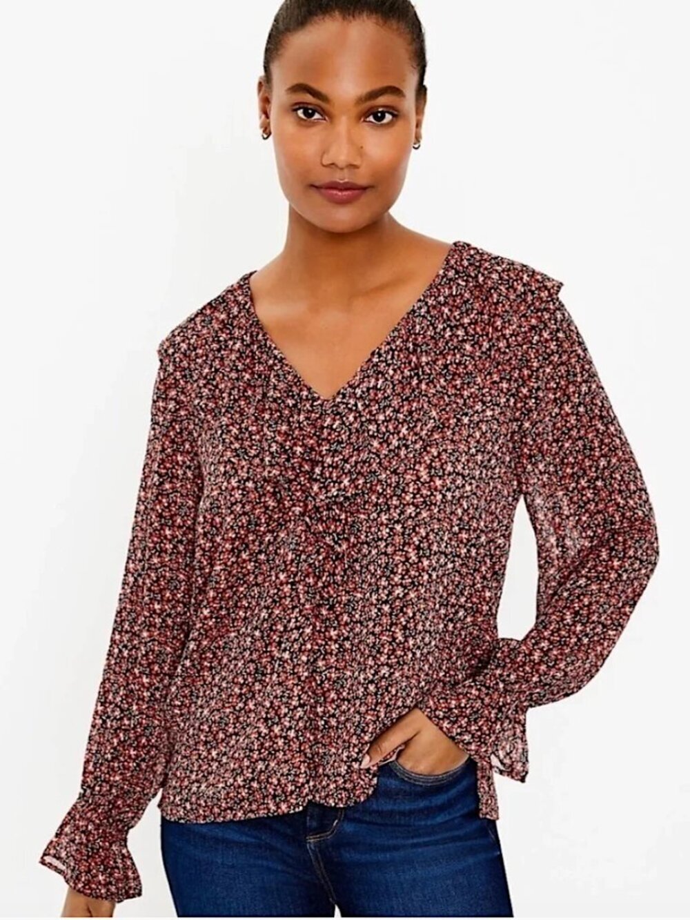 LOFT Ruffle V-Neck Floral Blouse Top in Deep Persimmon NEW